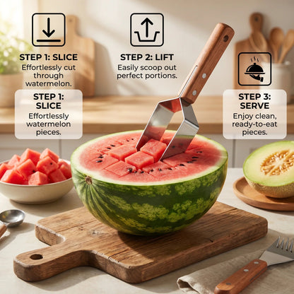 Stainless Steel Watermelon Slicer with Wooden Handle – Clean & Quick Portioning