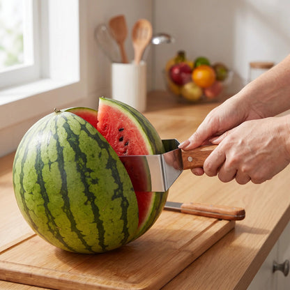 Stainless Steel Watermelon Slicer with Wooden Handle – Clean & Quick Portioning