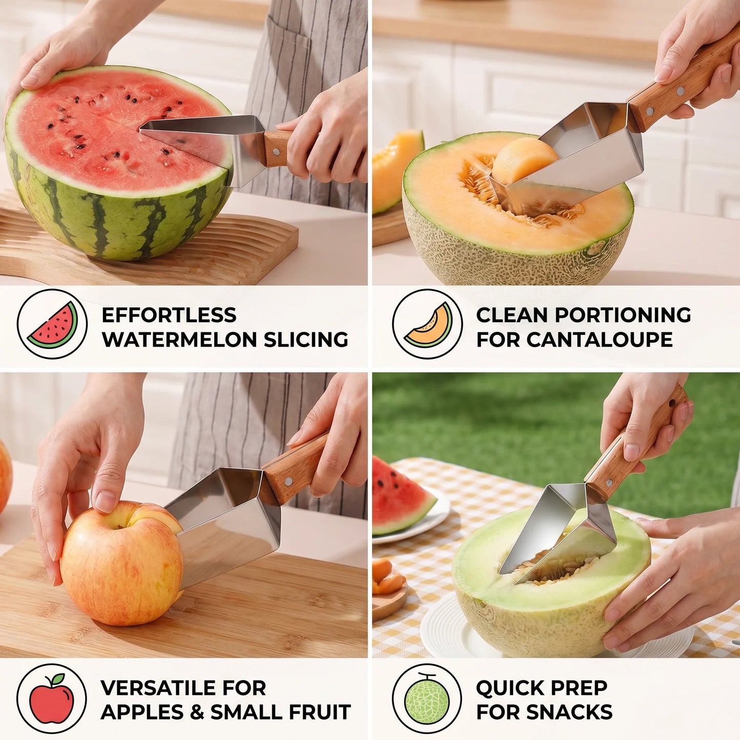 Stainless Steel Watermelon Slicer with Wooden Handle – Clean & Quick Portioning